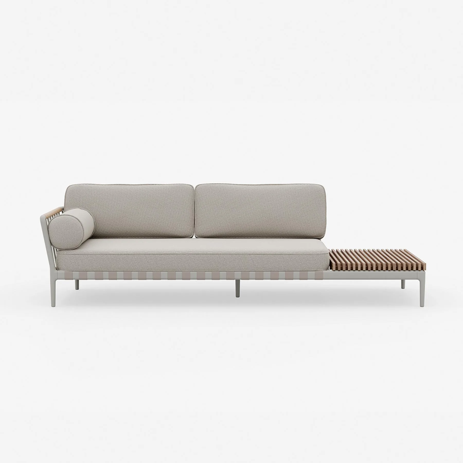 Vipp 720 Open-Air sofa, light grey/beige/teak, right
